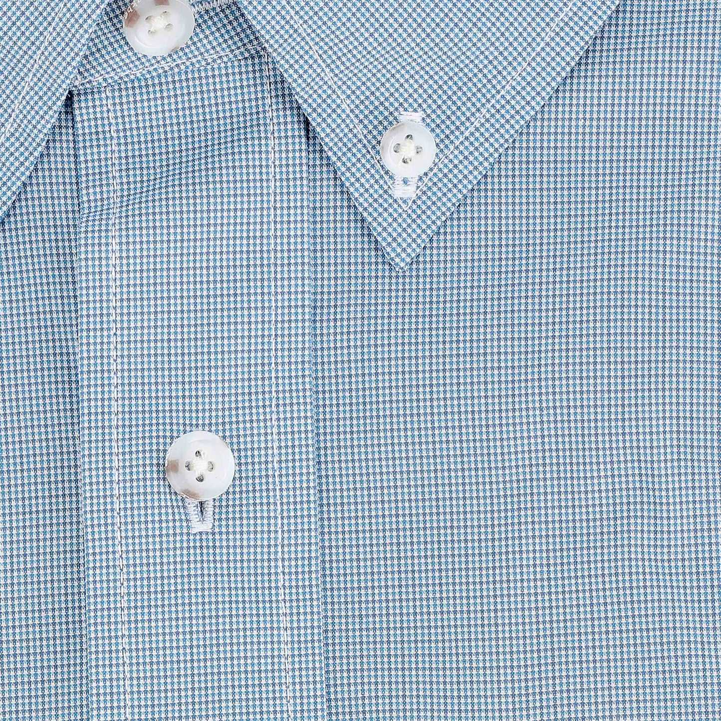 Close-up of the Tom Beckbe Powell Performance Shirt in blue and white checks, featuring a lightweight collar and white buttons.