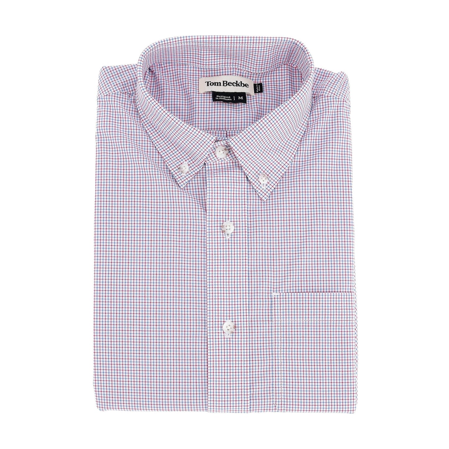 The Tom Beckbe Powell Performance Shirt features pink/blue checks, UPF 30+, long sleeves, and a front pocket.