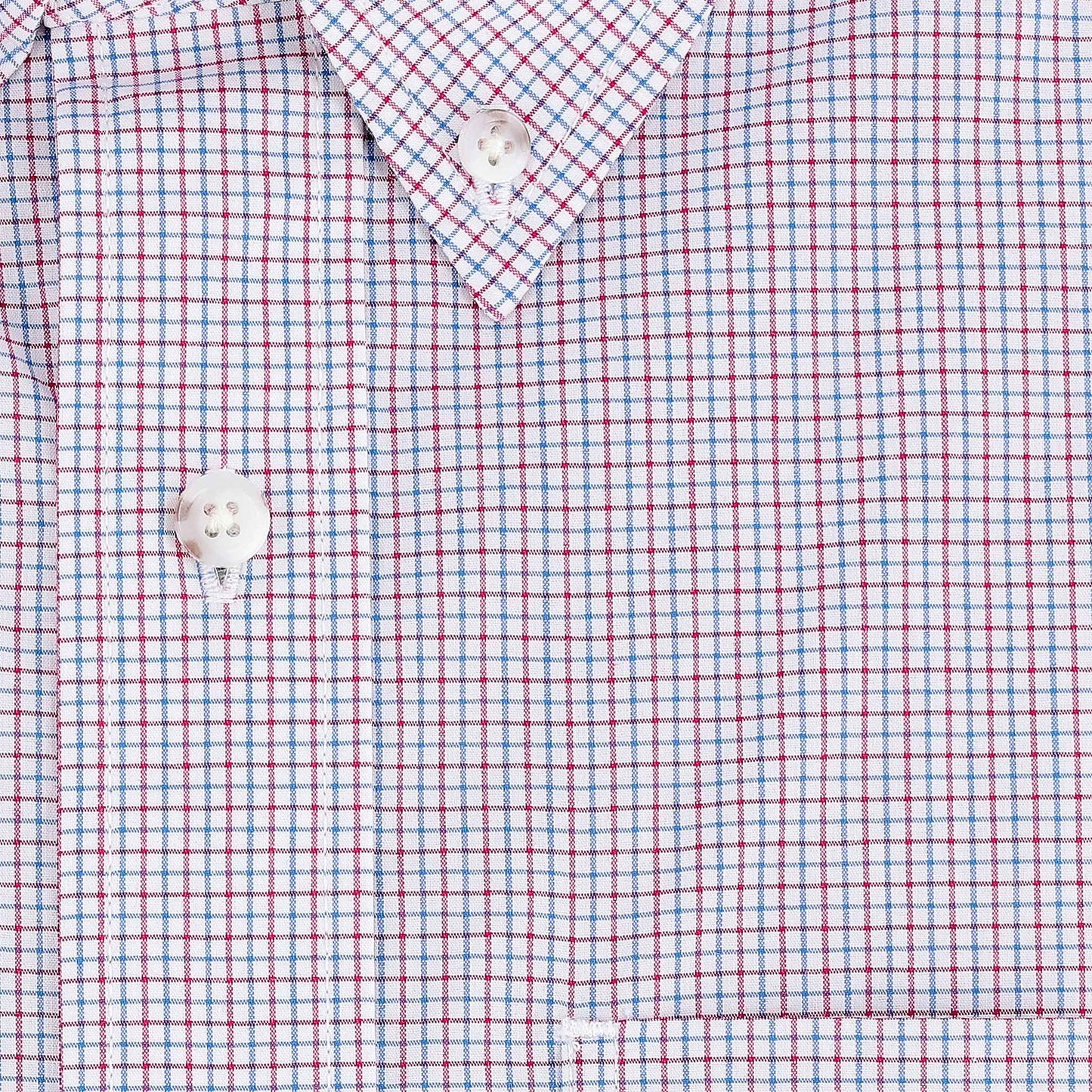 Close-up of Tom Beckbe’s Powell Performance Shirt with red-blue checks, white buttons, and UPF 30+ sun protection.
