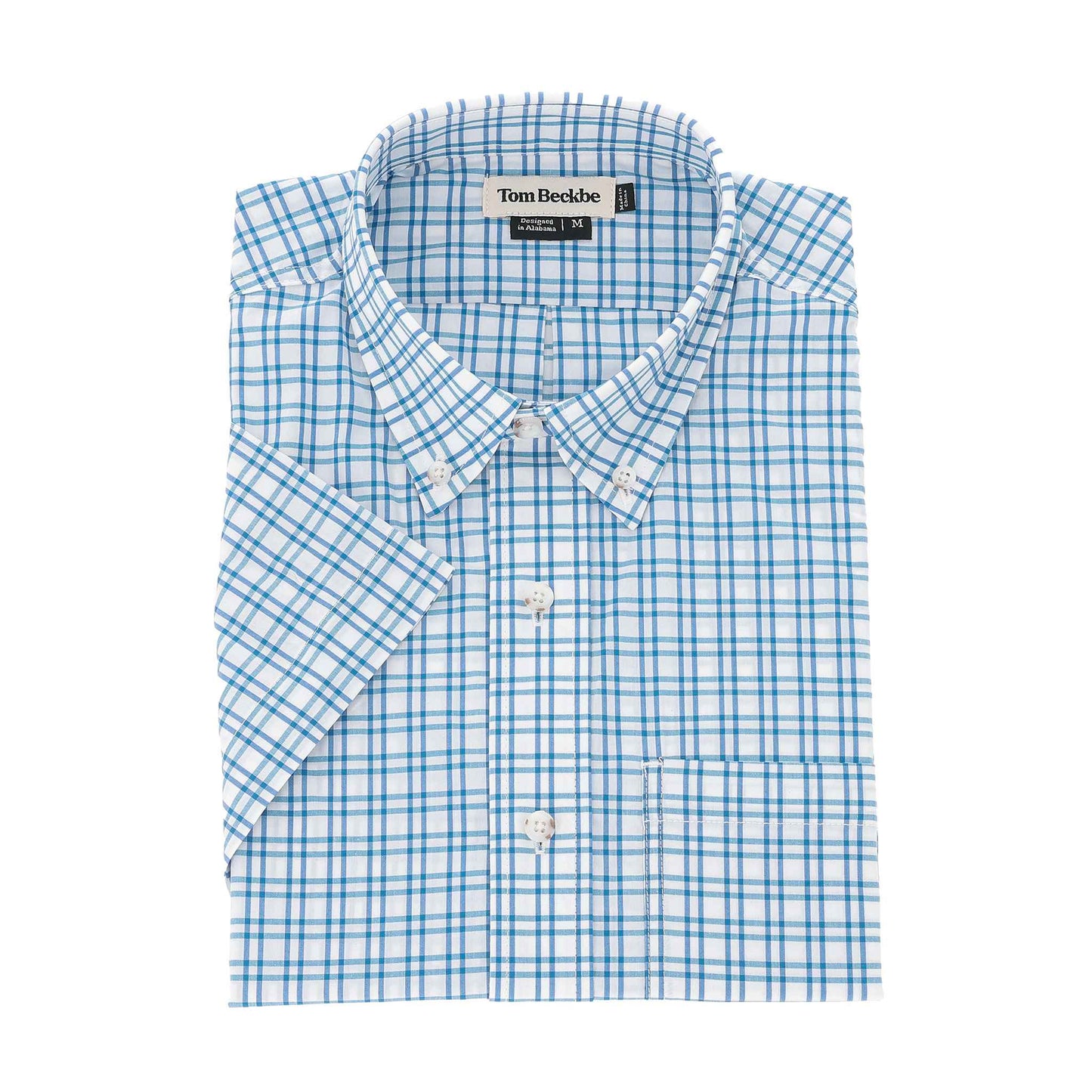 The Tom Beckbe Powell Performance Shirt features blue/white plaid, UPF 30+, short sleeves, button-up, and front pocket.