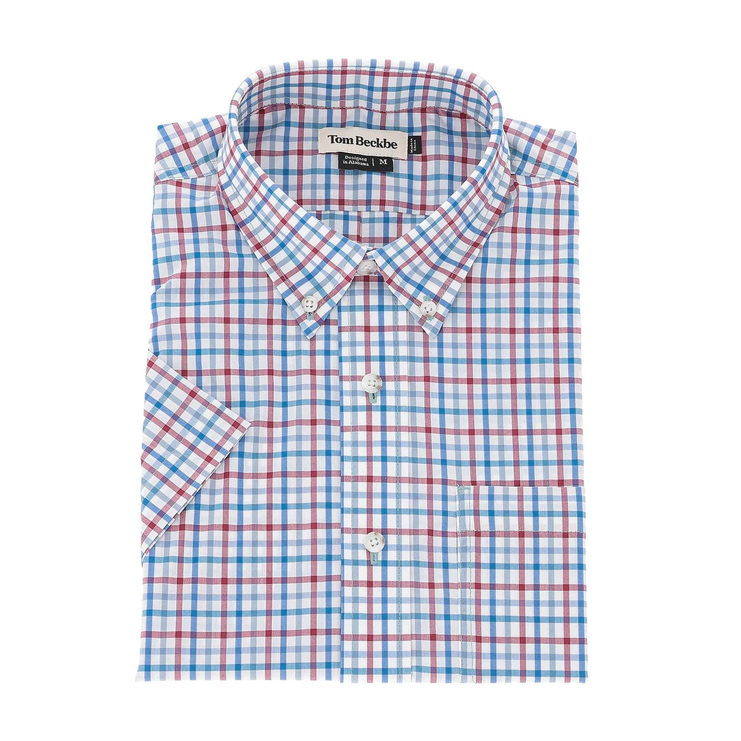 Tom Beckbe Powell Performance Short Sleeve Shirt in red, blue, and white plaid with UPF 30+ and front pocket.