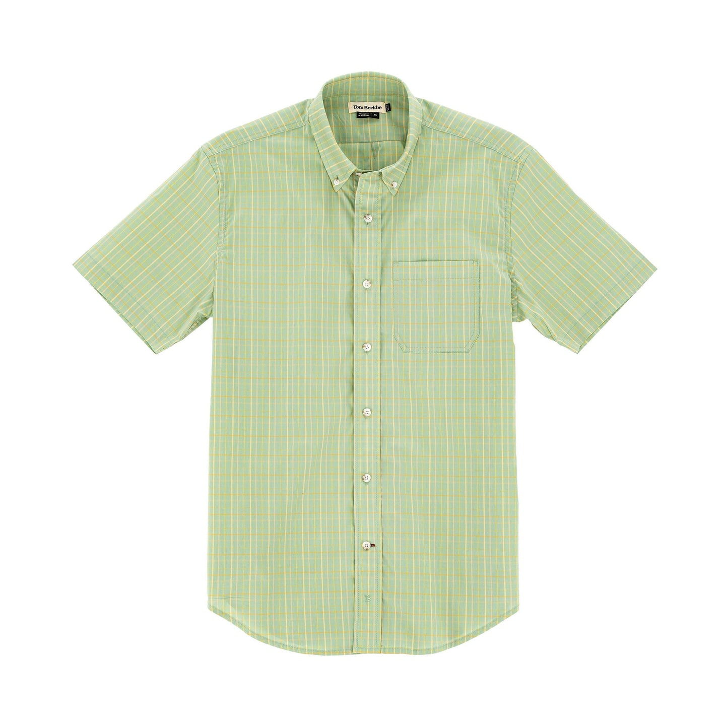 The Tom Beckbe Powell Performance Shirt: a light green, UPF 30+ plaid short sleeve with chest pocket, ideal for sports.