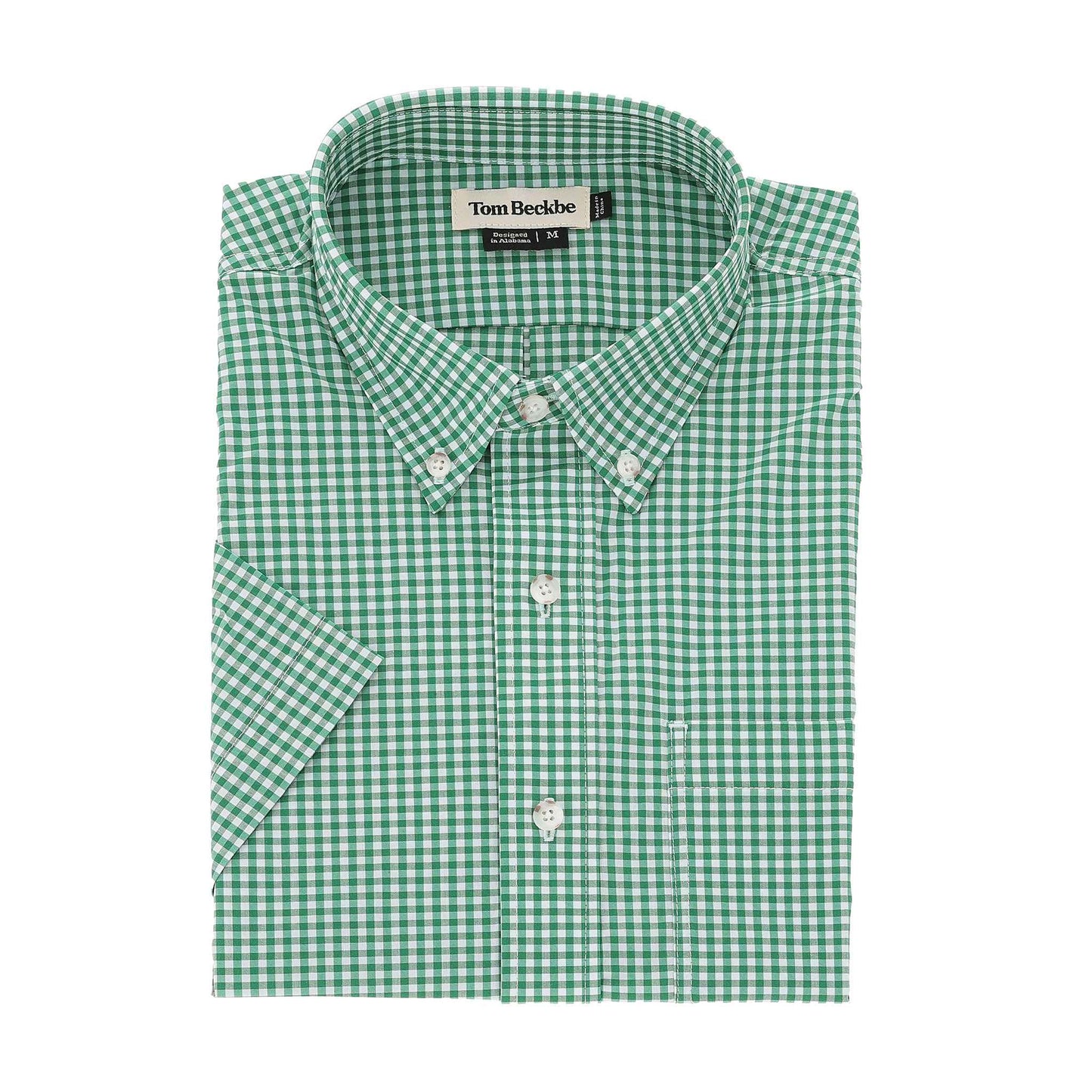 Green and white Powell Performance Shirt (Short Sleeve) by Tom Beckbe, UPF 30+, button-down, neatly folded.