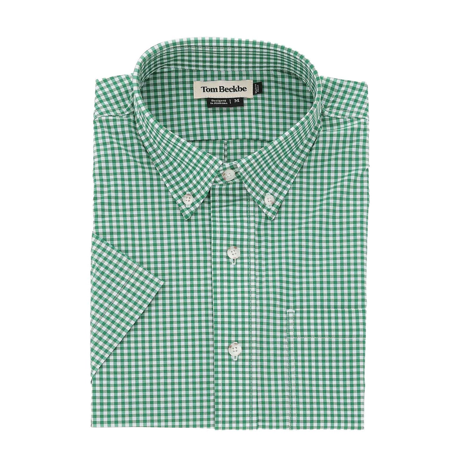 Green and white Powell Performance Shirt (Short Sleeve) by Tom Beckbe, UPF 30+, button-down, neatly folded.