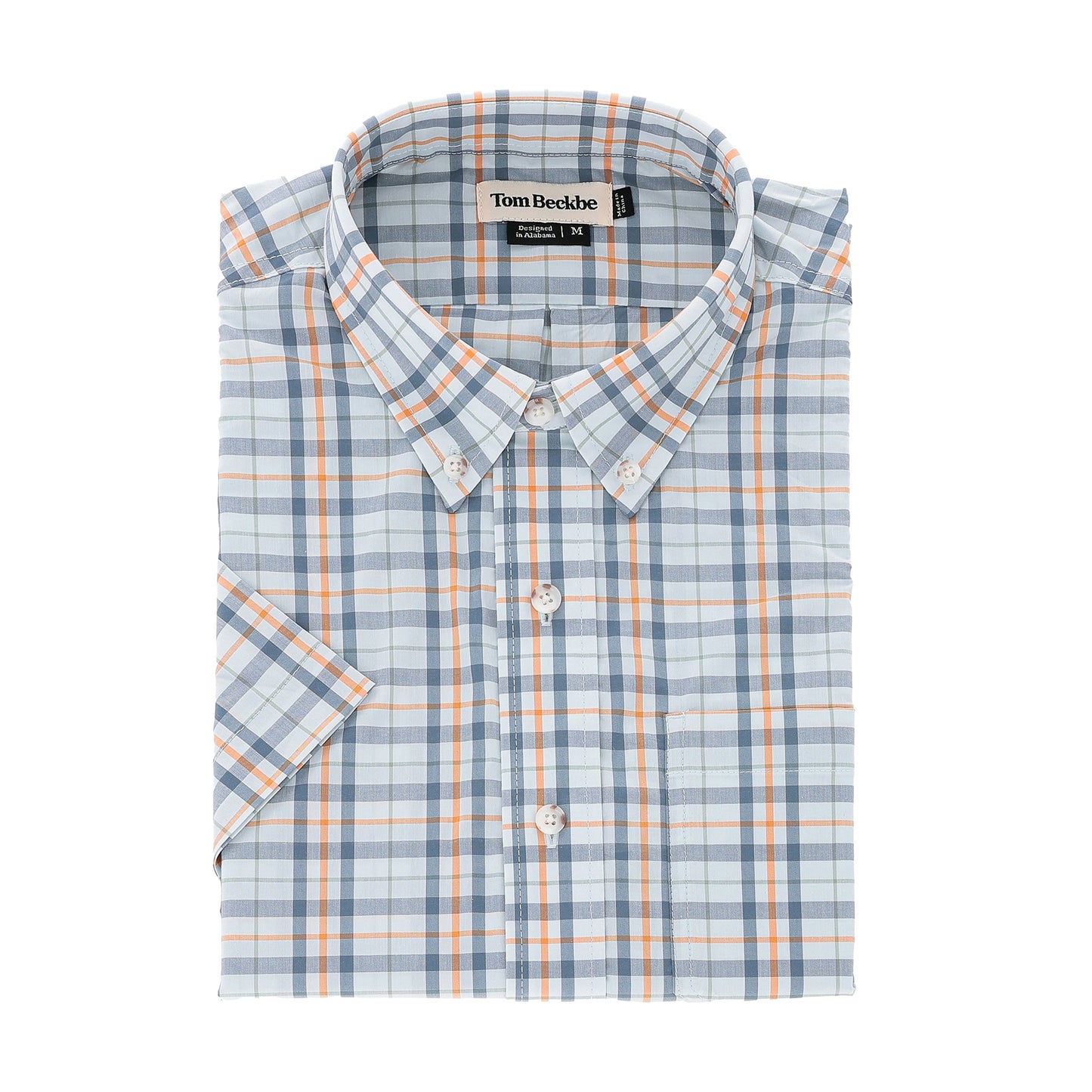Folded Tom Beckbe Powell Performance Shirt, short-sleeve, blue-orange-white plaid, UPF 30+.