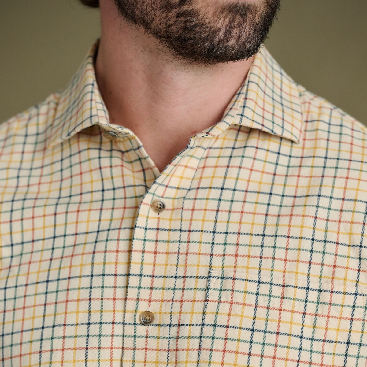 A close-up of the Tom Beckbe Prescott Estate Twill Shirt in yellow plaid, showcasing its collar—ideal for fall style.