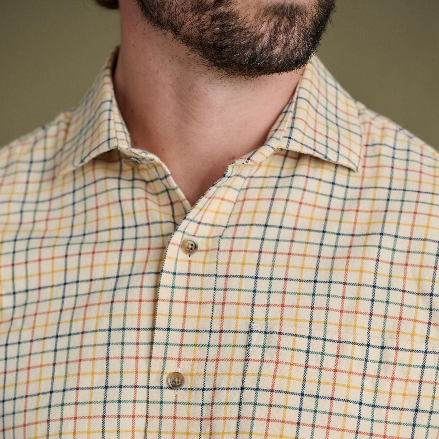 A close-up of the Tom Beckbe Prescott Estate Twill Shirt in yellow plaid, showcasing its collar—ideal for fall style.