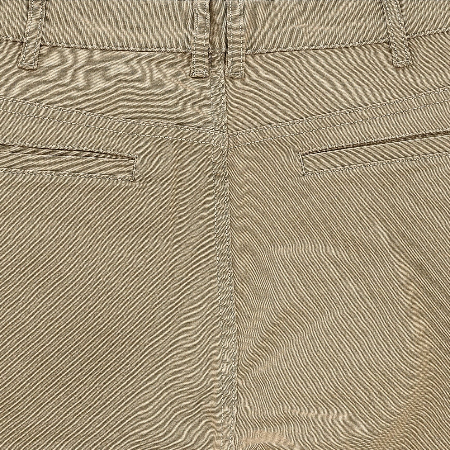 Close-up of Tom Beckbe Reid Straight Leg Cotton Chino Pant in khaki, showing belt loops and back welt pockets.