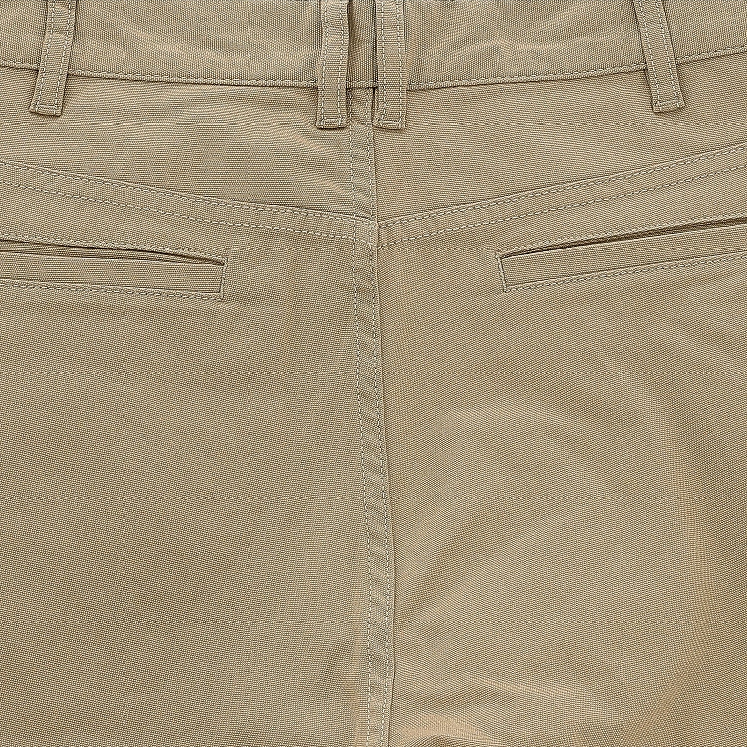 Close-up of Tom Beckbe Reid Straight Leg Cotton Chino Pant in khaki, showing belt loops and back welt pockets.