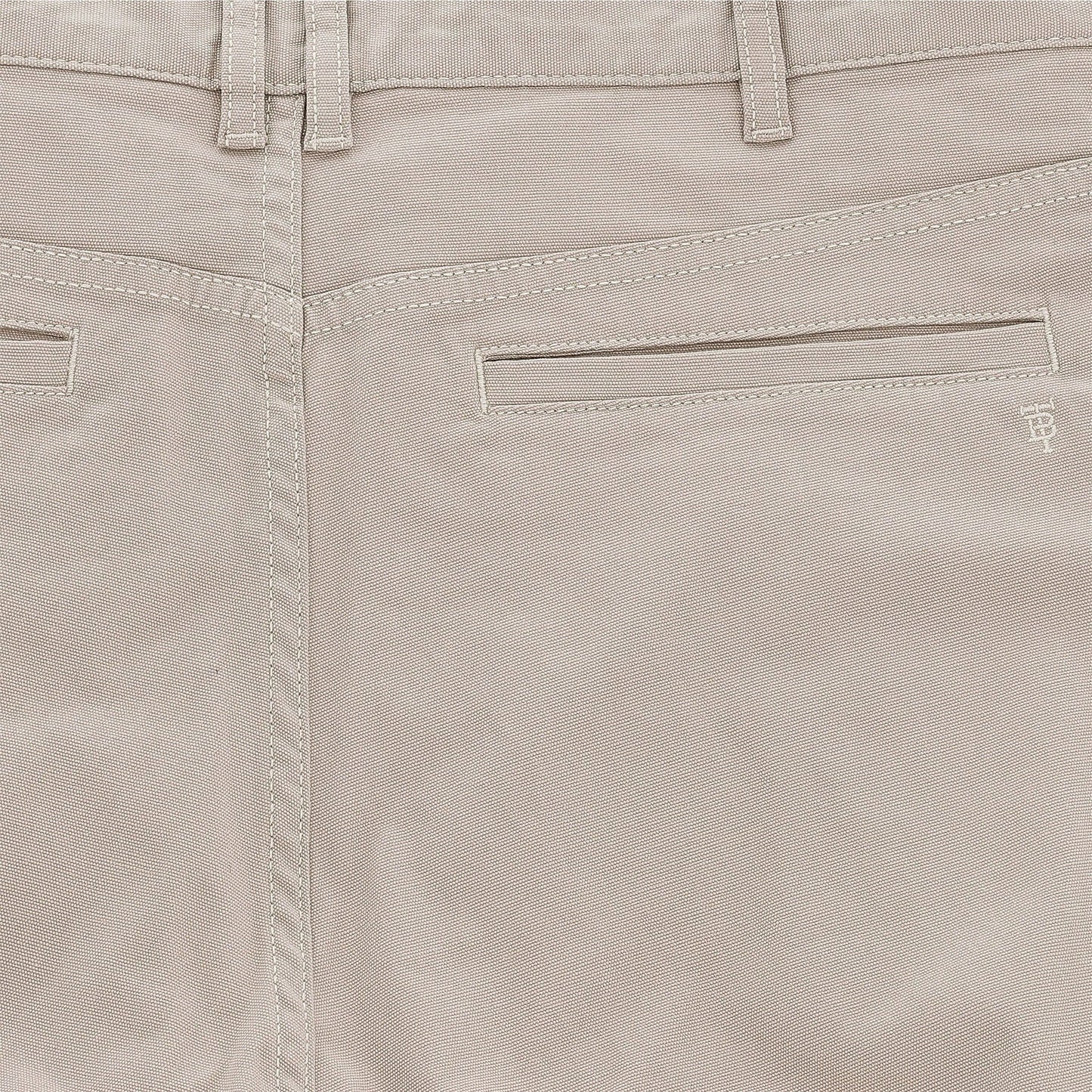 Close-up of Tom Beckbe Reid Straight Leg Cotton Chino Pant with two welt pockets, belt loops, and stitching detail.
