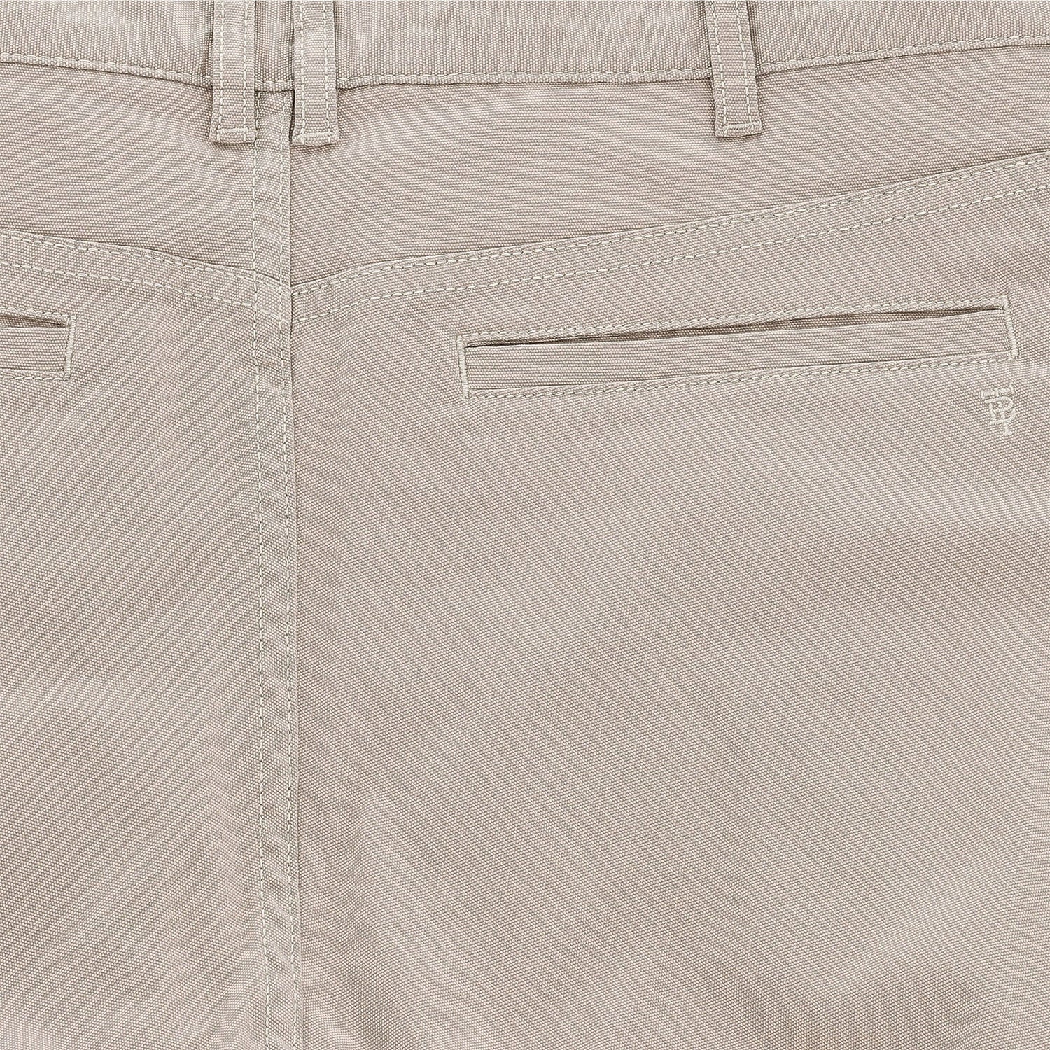 Close-up of Tom Beckbe Reid Straight Leg Cotton Chino Pant with two welt pockets, belt loops, and stitching detail.