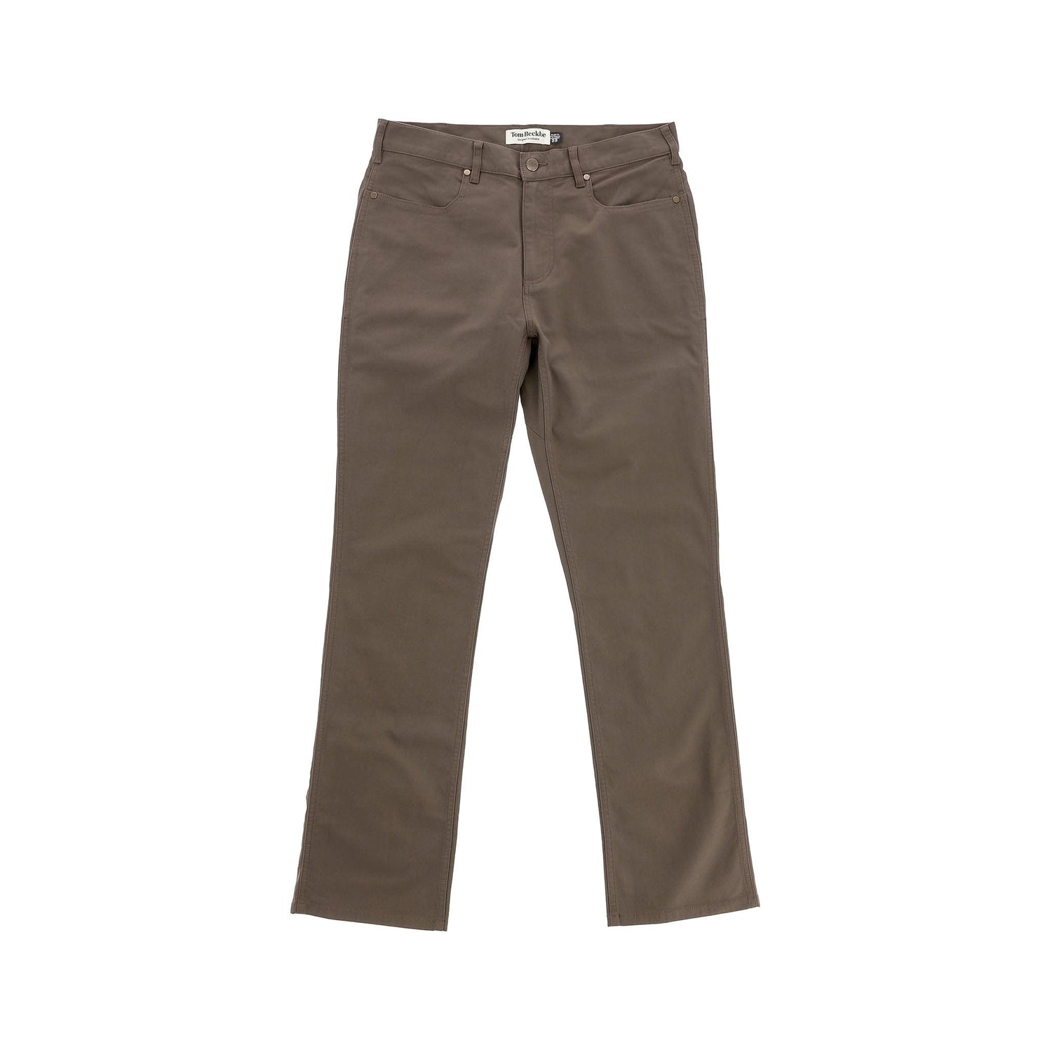 Tom Beckbe Reid Straight Leg Cotton Chino Pant in brown with front and back pockets shown on white background.