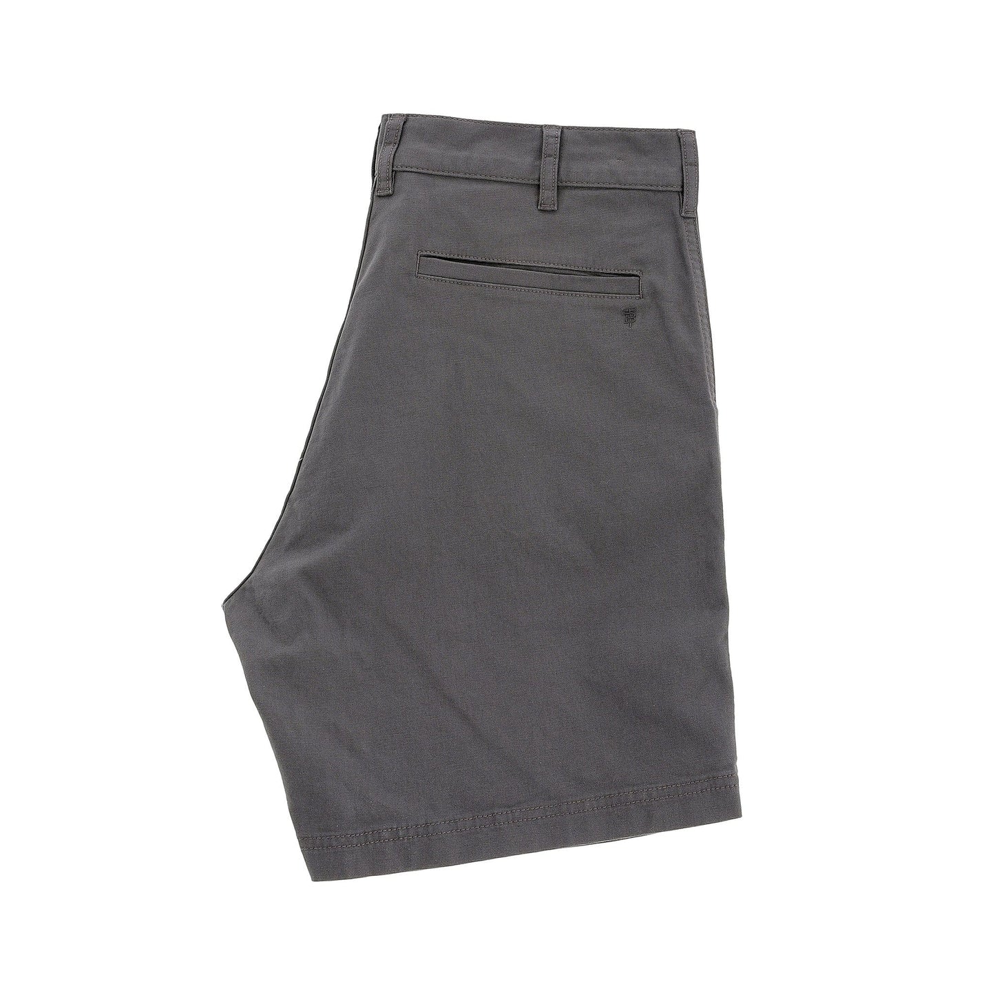 Tom Beckbes Reid Short: gray knee-length cotton chino with back pocket, belt loops, and antique brass zip fly.