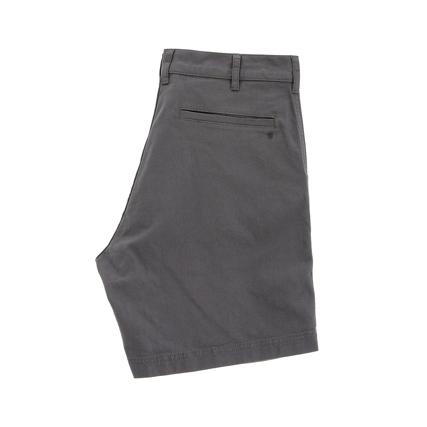 Tom Beckbes Reid Short: gray knee-length cotton chino with back pocket, belt loops, and antique brass zip fly.