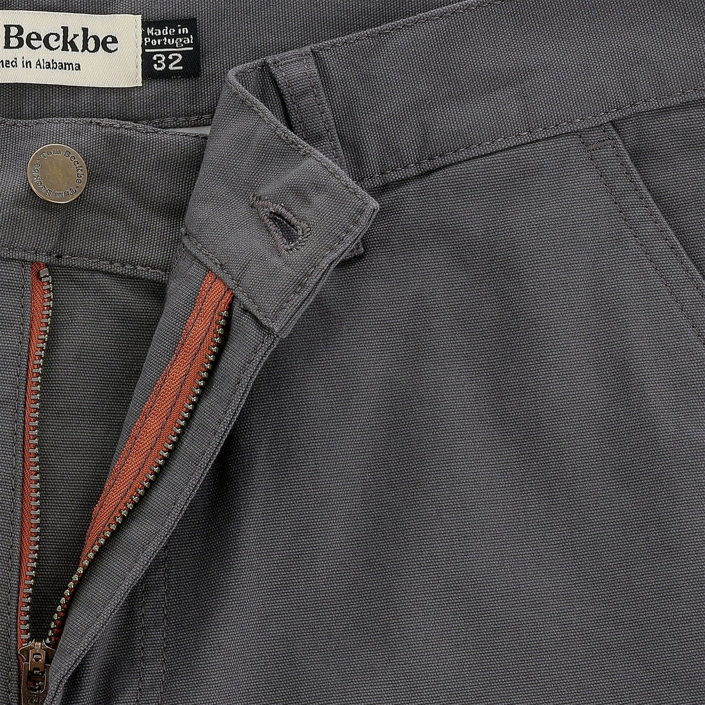 Gray Reid Shorts from Tom Beckbe, size 32. Features antique brass zip fly and leather lining. Made in Portugal.