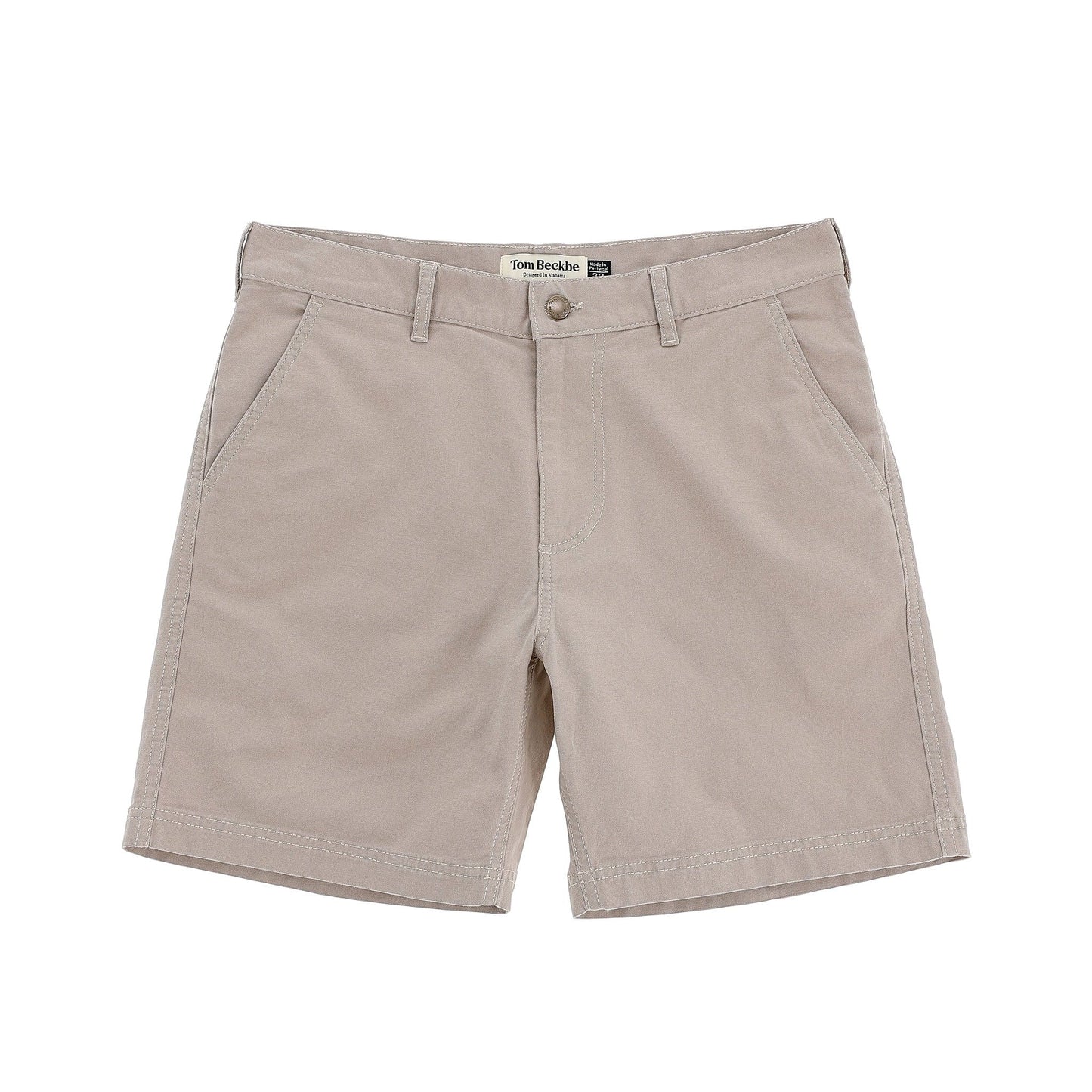 The Tom Beckbe Reid Short features a mid-rise fit, belt loops, brass zip fly, and two side pockets on a white background.