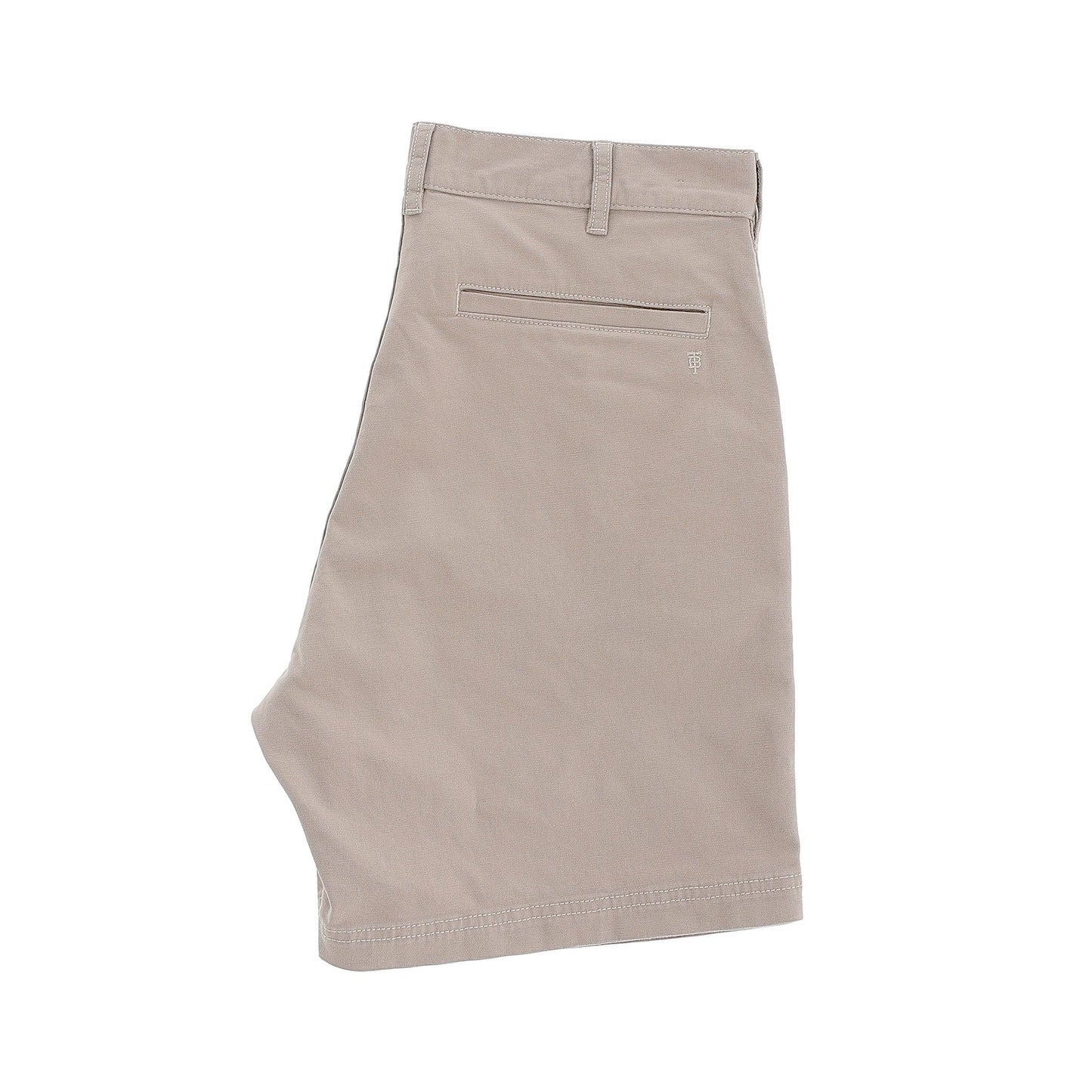 Reid Short by Tom Beckbe: Mid-rise khaki cotton chinos with a back pocket and brass zip fly on a white background.