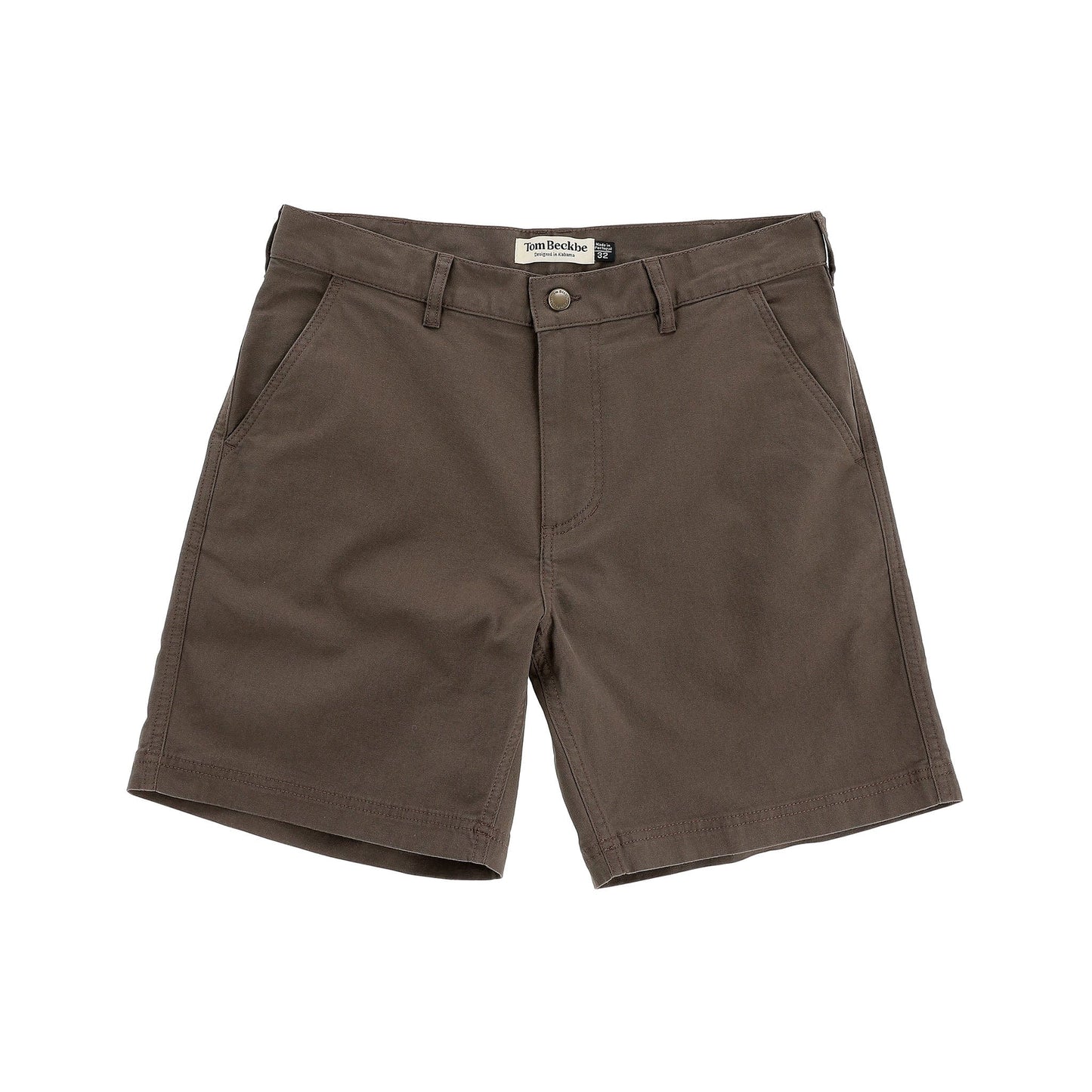 Tom Beckbes Reid Short, a pair of mid-rise chino shorts with a brass zip, front pockets, and belt loops, laid flat on white.