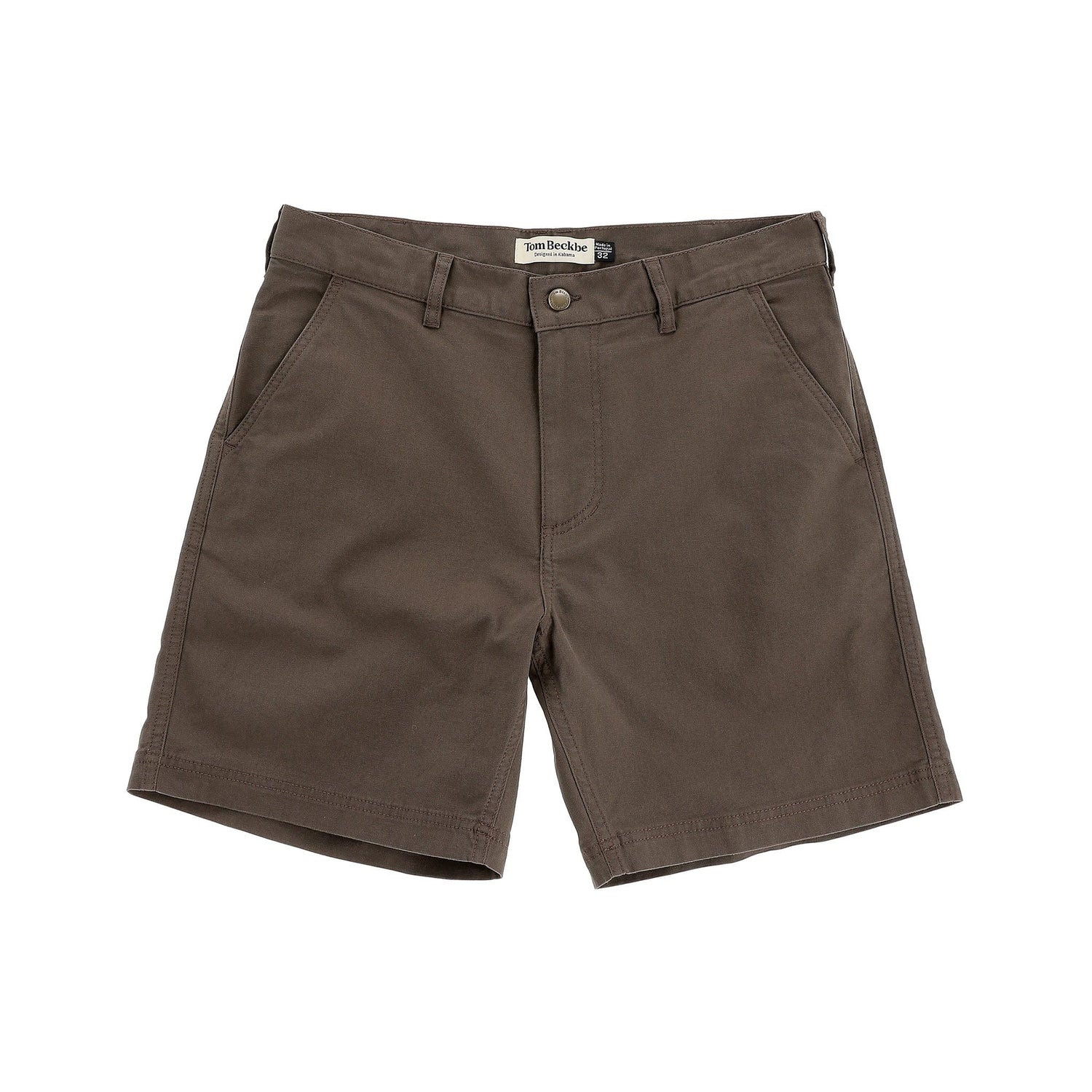 Tom Beckbes Reid Short, a pair of mid-rise chino shorts with a brass zip, front pockets, and belt loops, laid flat on white.
