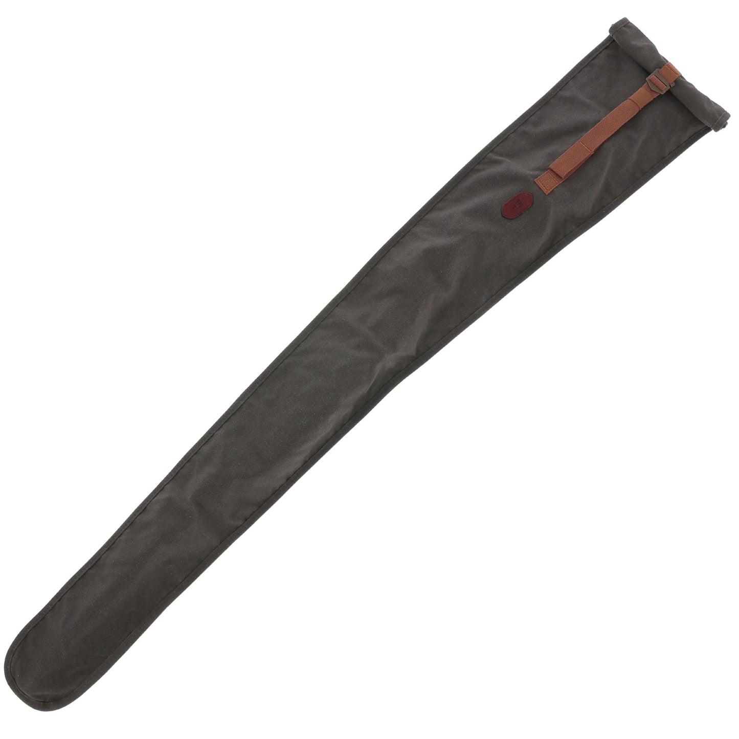 Tom Beckbe Canvas Roll Top Gun Sleeve: long, dark cotton case with brown strap and buckle, shown on white background.