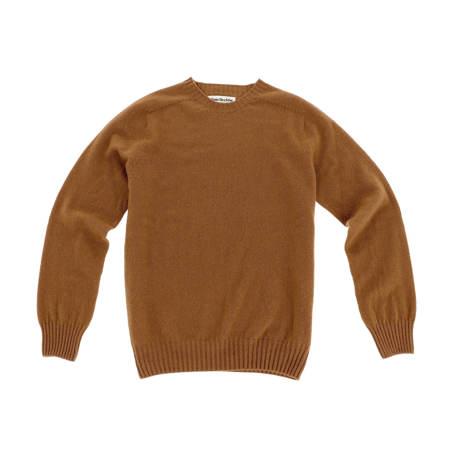 The Saunders Crewneck Sweater by Tom Beckbe in Vintage Vicuna is a soft mens lambswool crewneck, shown on white.