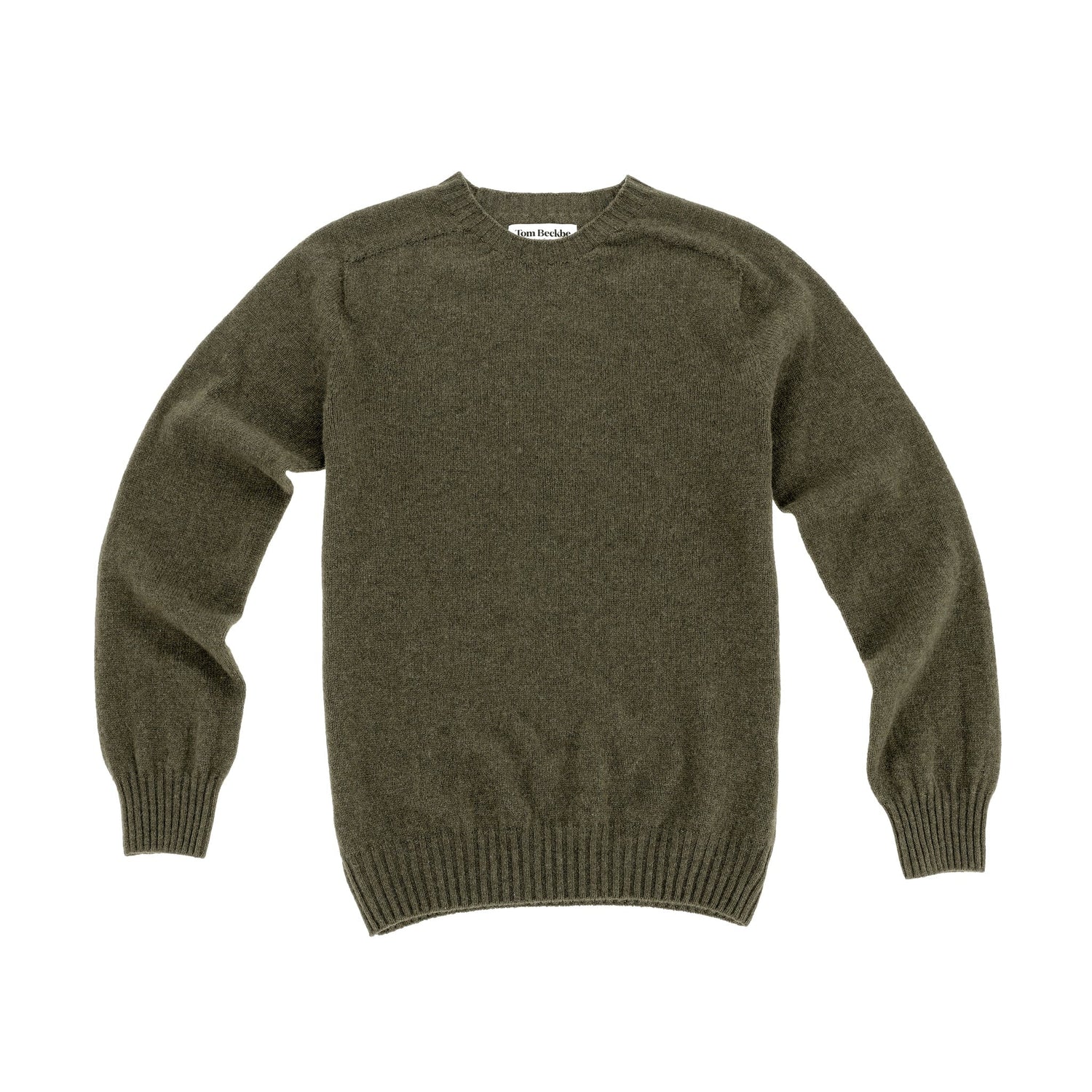 Tom Beckbe Saunders Crewneck Sweater in Loden lambswool with ribbed cuffs and hem, shown flat on a white background.