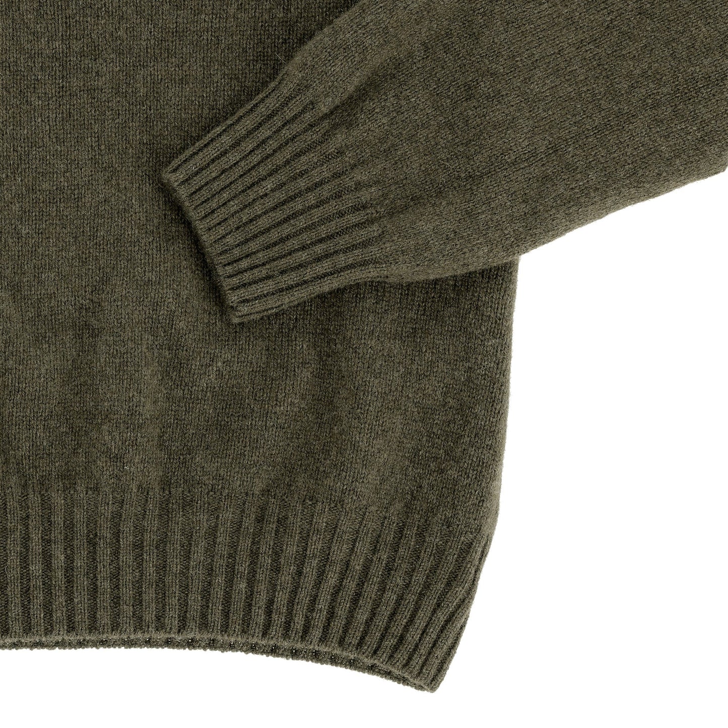 Close-up of the Tom Beckbe Saunders Crewneck Sweater in olive green, showing ribbed cuffs and hem on a white background.