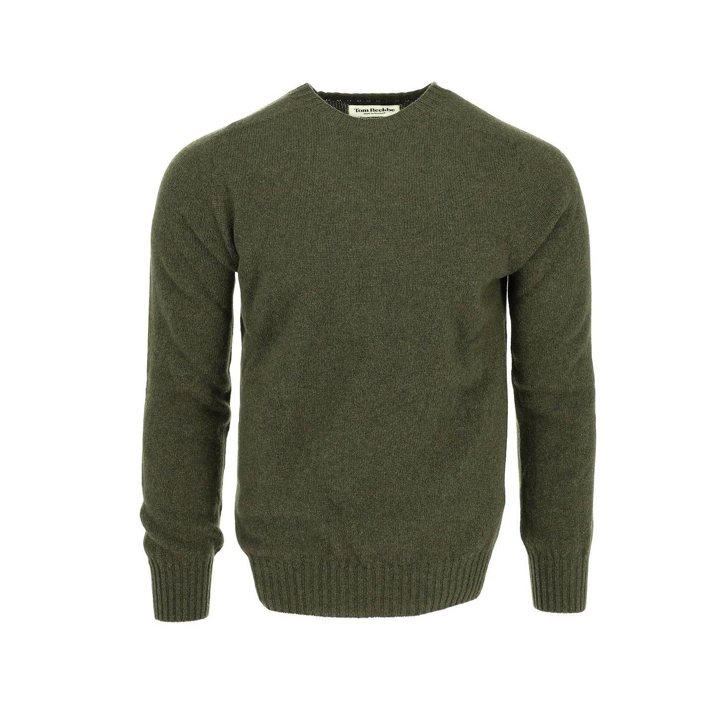 Tom Beckbe Saunders Crewneck Sweater in olive green wool with long sleeves, ribbed cuffs and hem on white background.