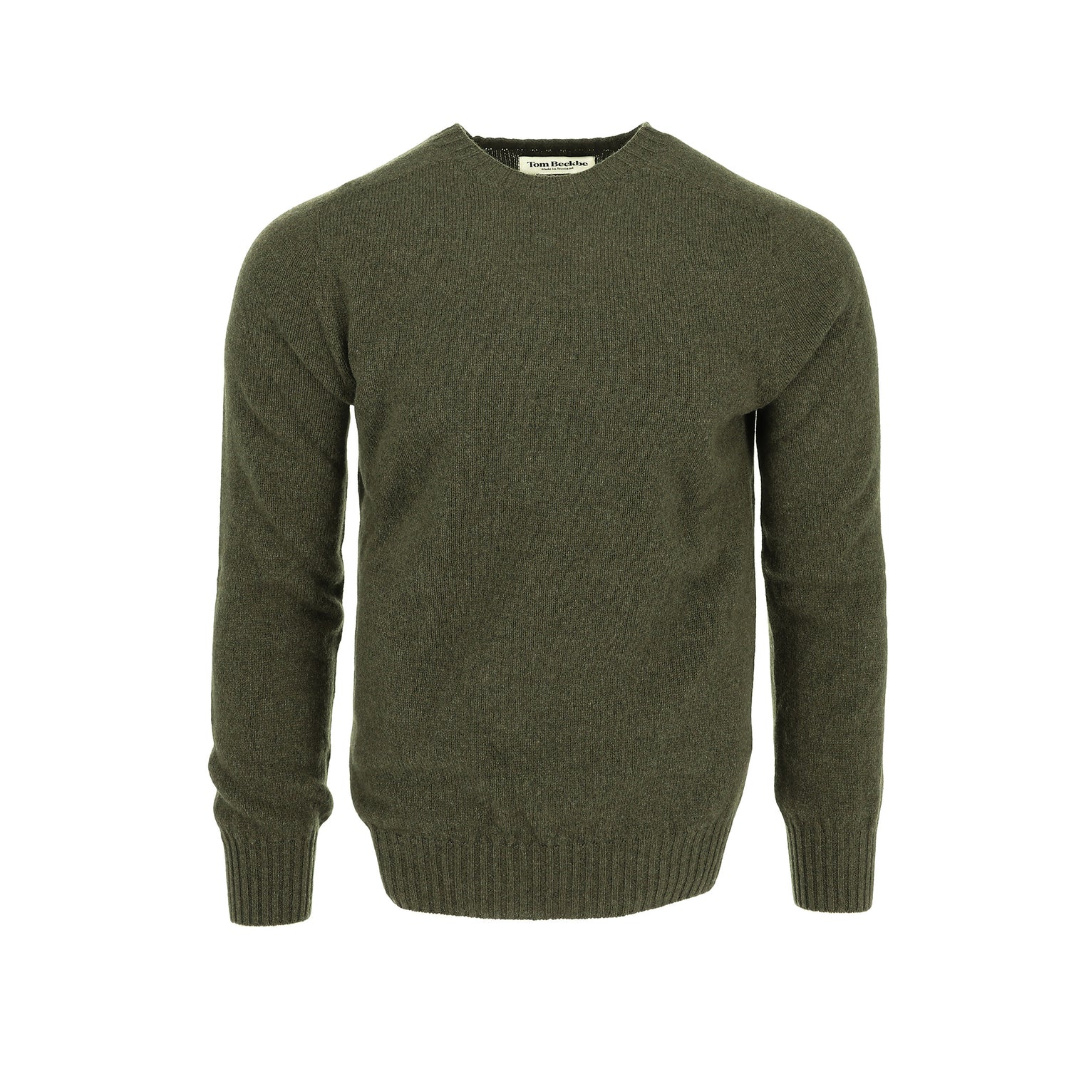 Tom Beckbe Saunders Crewneck Sweater in olive green wool with long sleeves, ribbed cuffs and hem on white background.