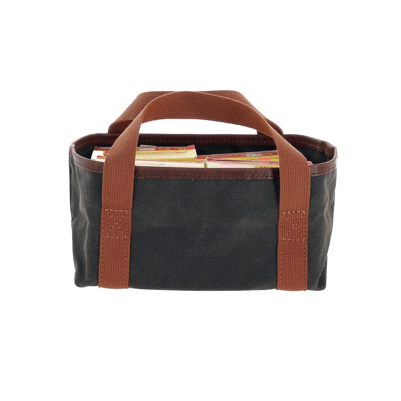 The Tom Beckbe Shell Box Carrier features a brown handle and is made from durable field canvas.