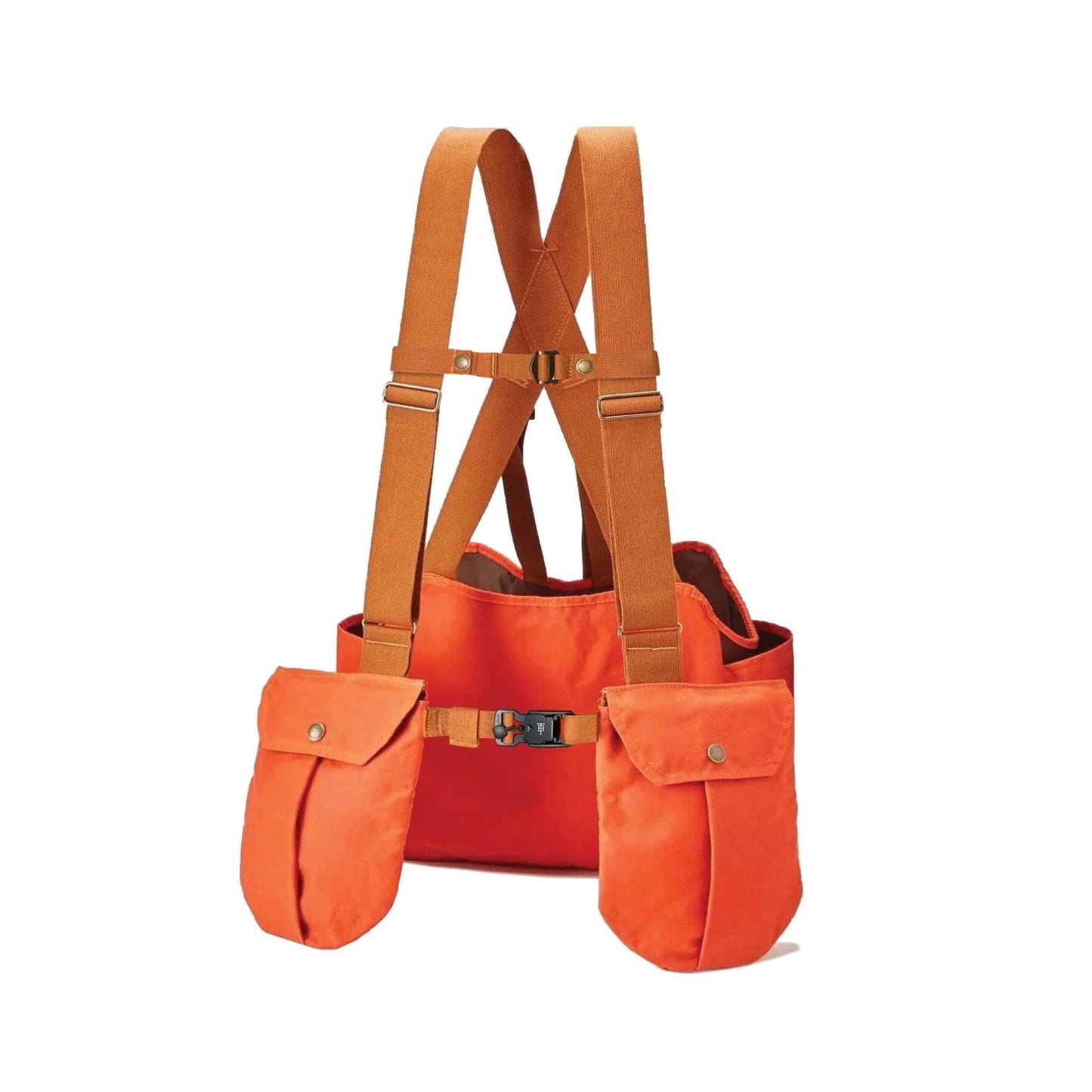 Orange Strap Vest by Tom Beckbe with brown adjustable straps, waxed cloth pouches, and metal clips.