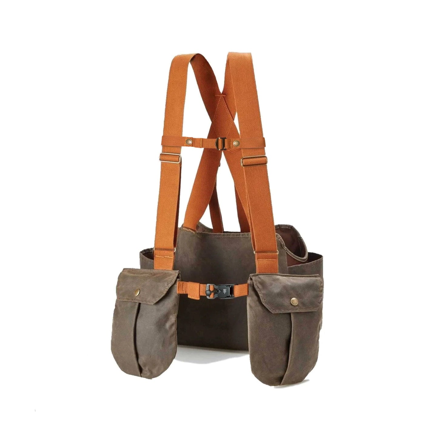 Tom Beckbe Strap Vest: Waxed brown harness with orange straps and two front pockets for hands-free carry.