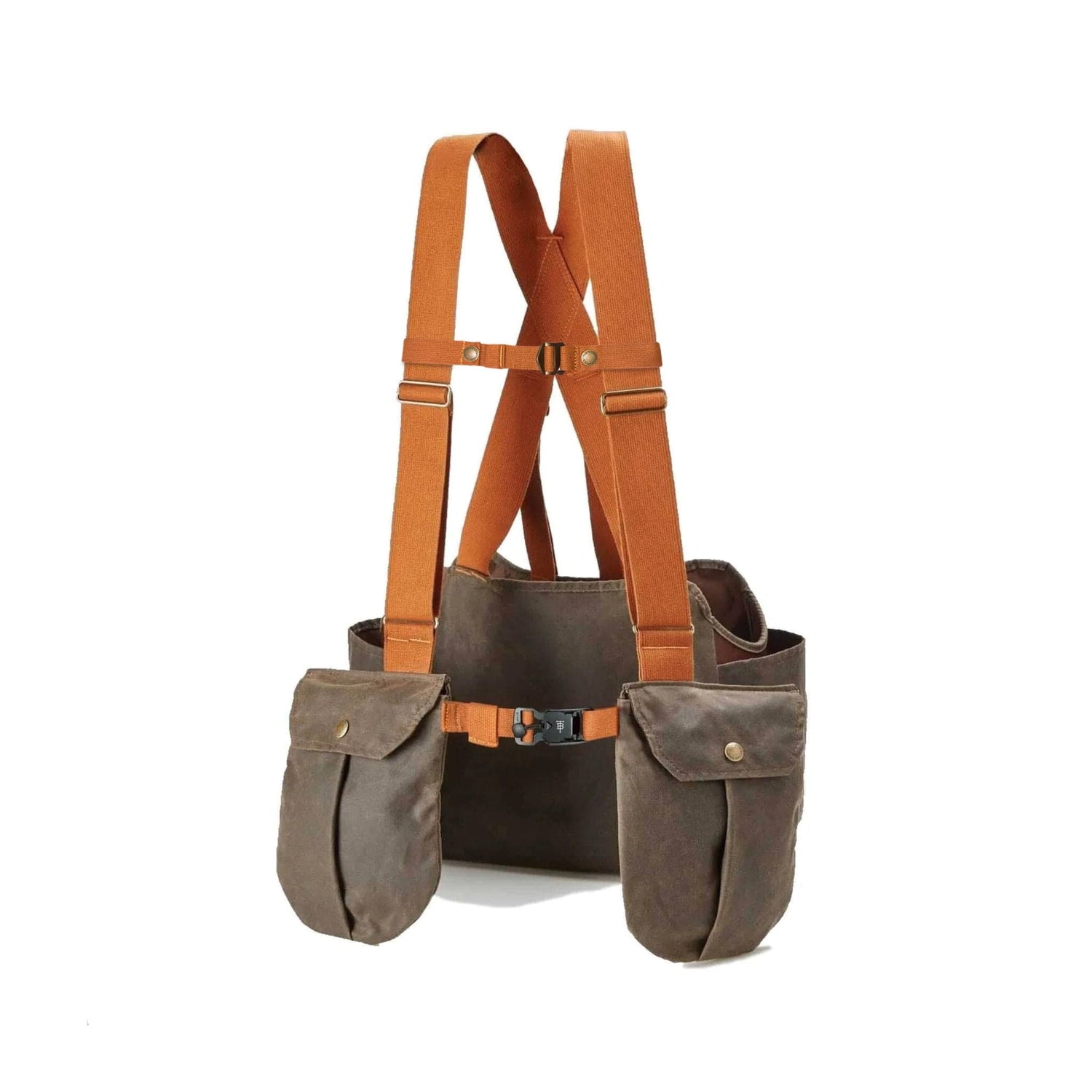 Tom Beckbe Strap Vest: Waxed brown harness with orange straps and two front pockets for hands-free carry.