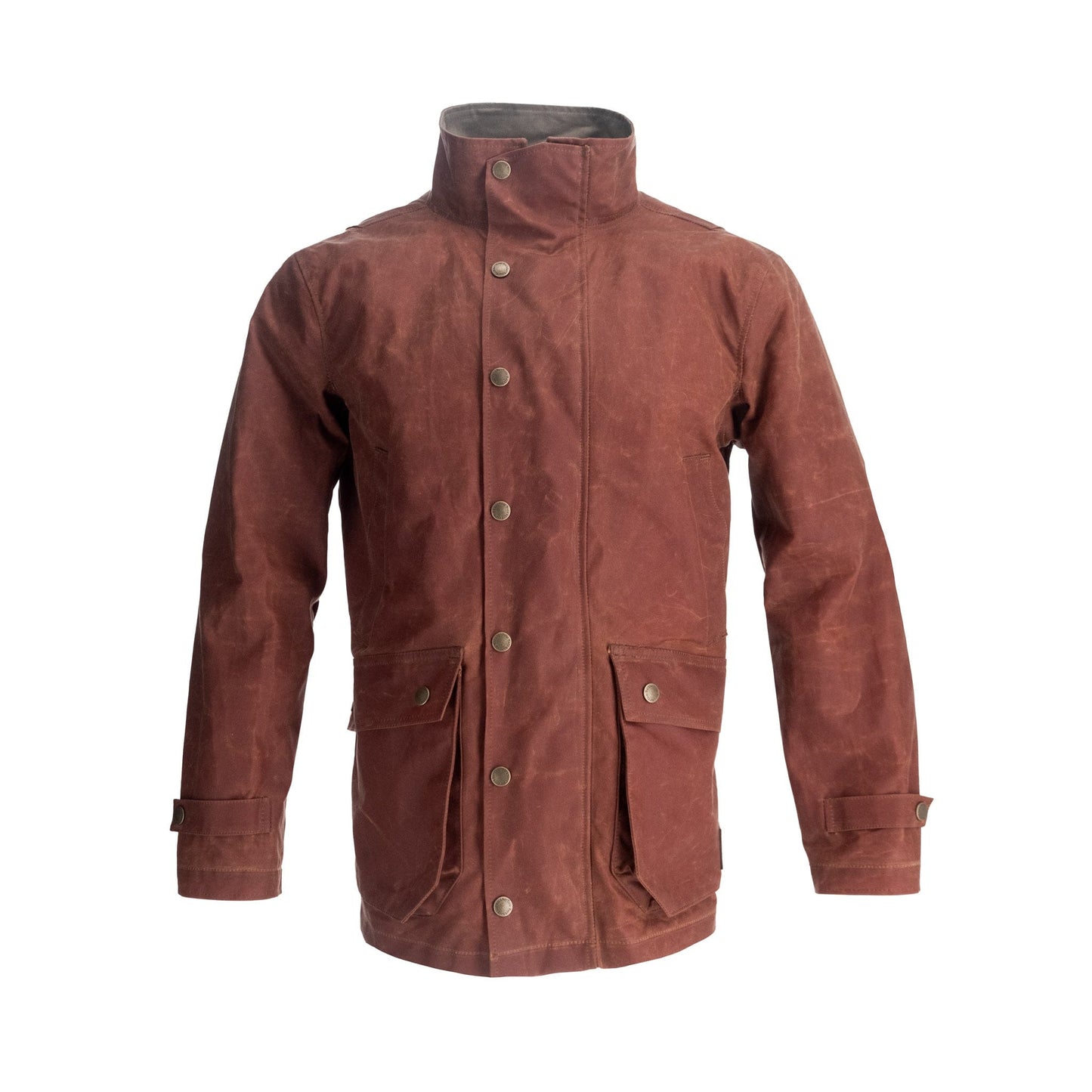 Tom Beckbes Fox Red Tensaw Jacket: Brown waxed canvas, button-up front, high collar, two large pockets.