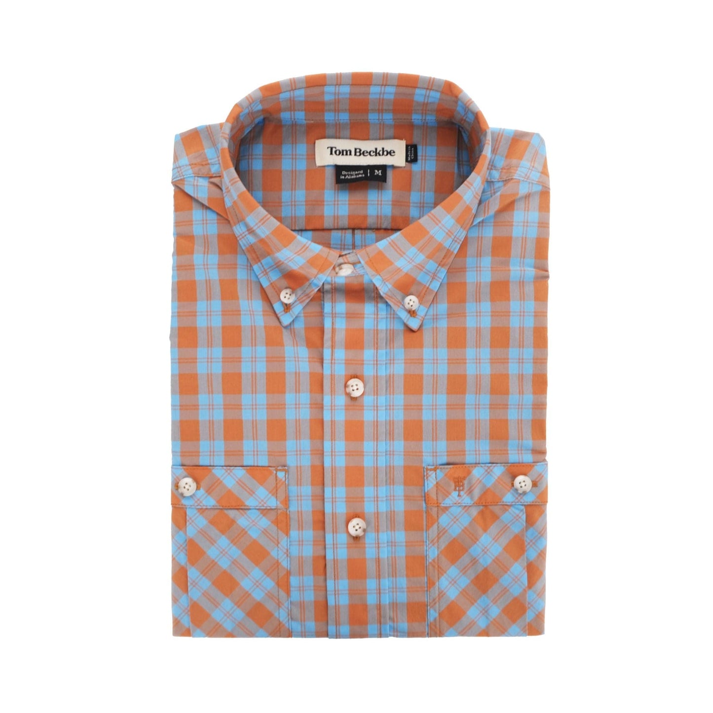 The Tom Beckbe Tidewater Shirt in orange and blue plaid offers UPF 30+ and features a neatly folded collar and pockets.