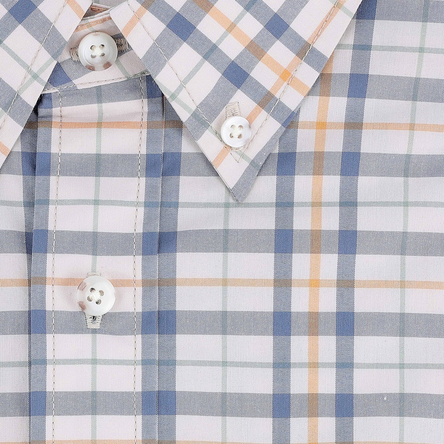 Close-up of Tom Beckbe's Tidewater Shirt, a lightweight plaid outdoor shirt in white, blue, peach, and gray.