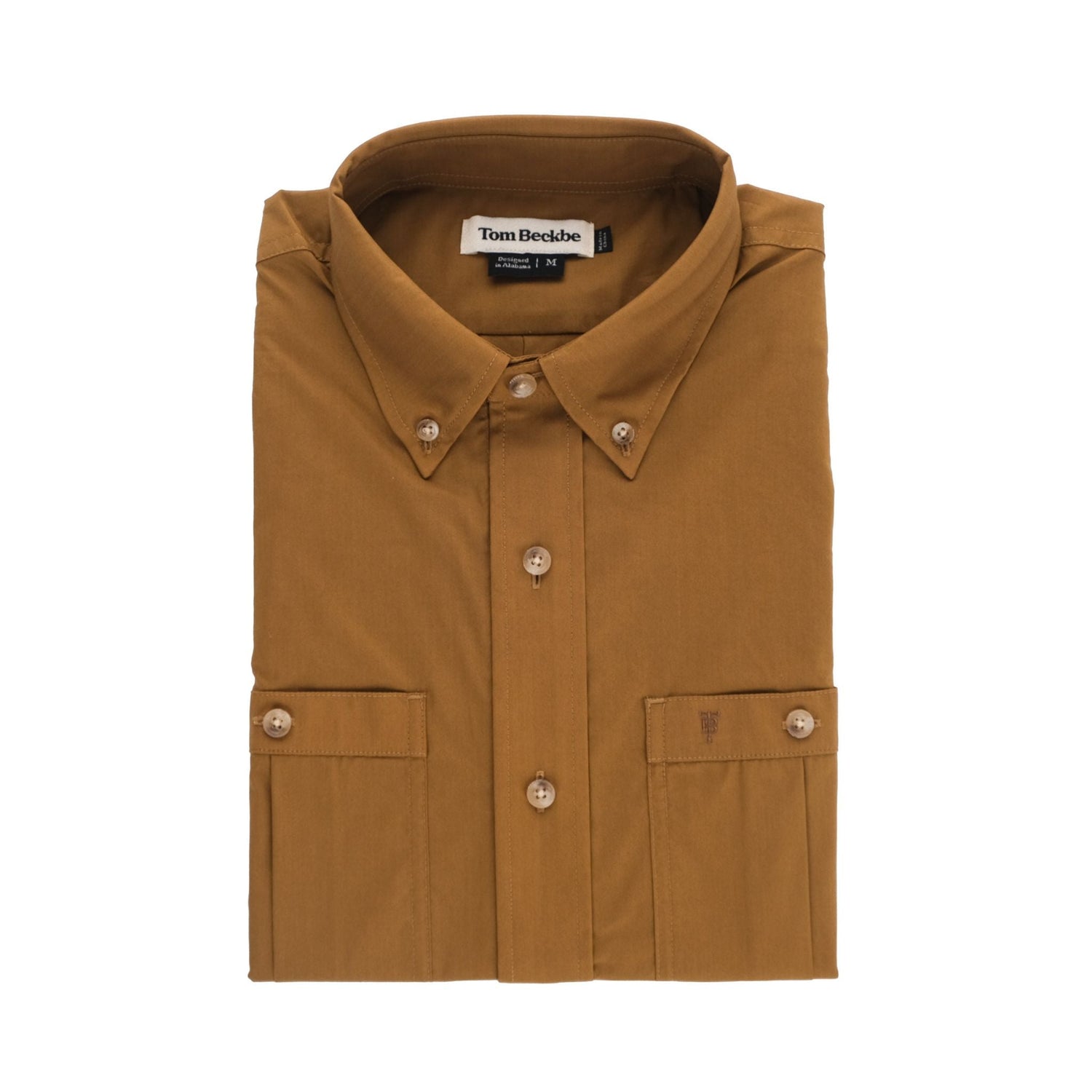 Brown Tidewater long sleeve fishing shirt by Tom Beckbe, with buttoned pockets, collar, and an internal label.