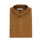 A brown Tidewater Shirt (Short Sleeve) by Tom Beckbe, button-up with UPF 30+ and collar, laid flat on display.
