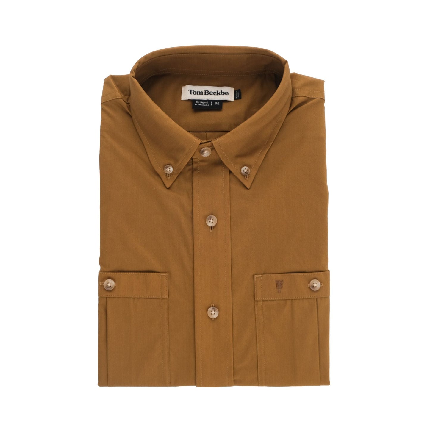 A brown Tidewater Shirt (Short Sleeve) by Tom Beckbe, button-up with UPF 30+ and collar, laid flat on display.