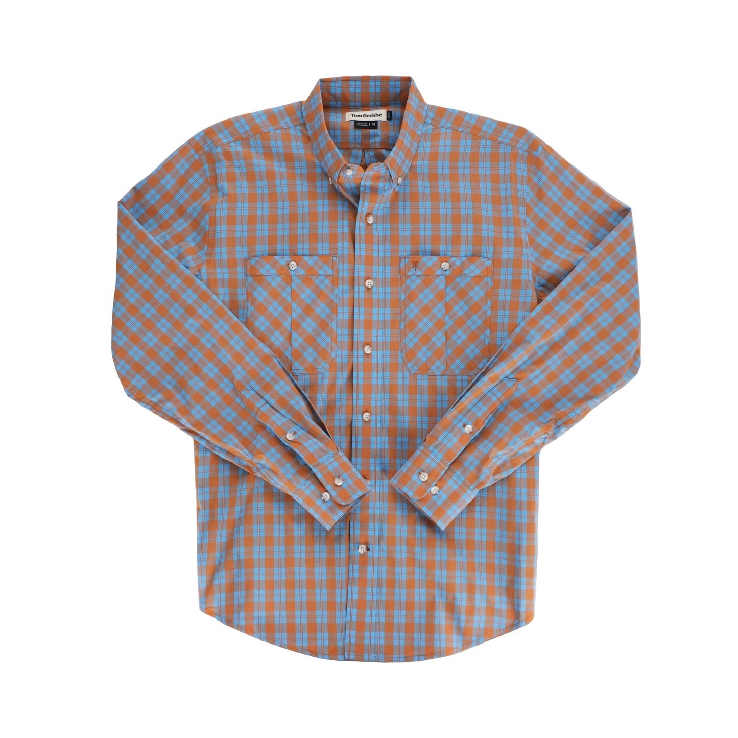 Tom Beckbes Tidewater Shirt has blue/orange plaid, UPF 30+, and button-closure chest pockets.