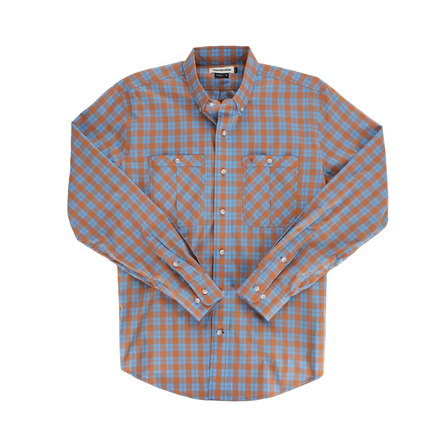 Tom Beckbes Tidewater Shirt has blue/orange plaid, UPF 30+, and button-closure chest pockets.