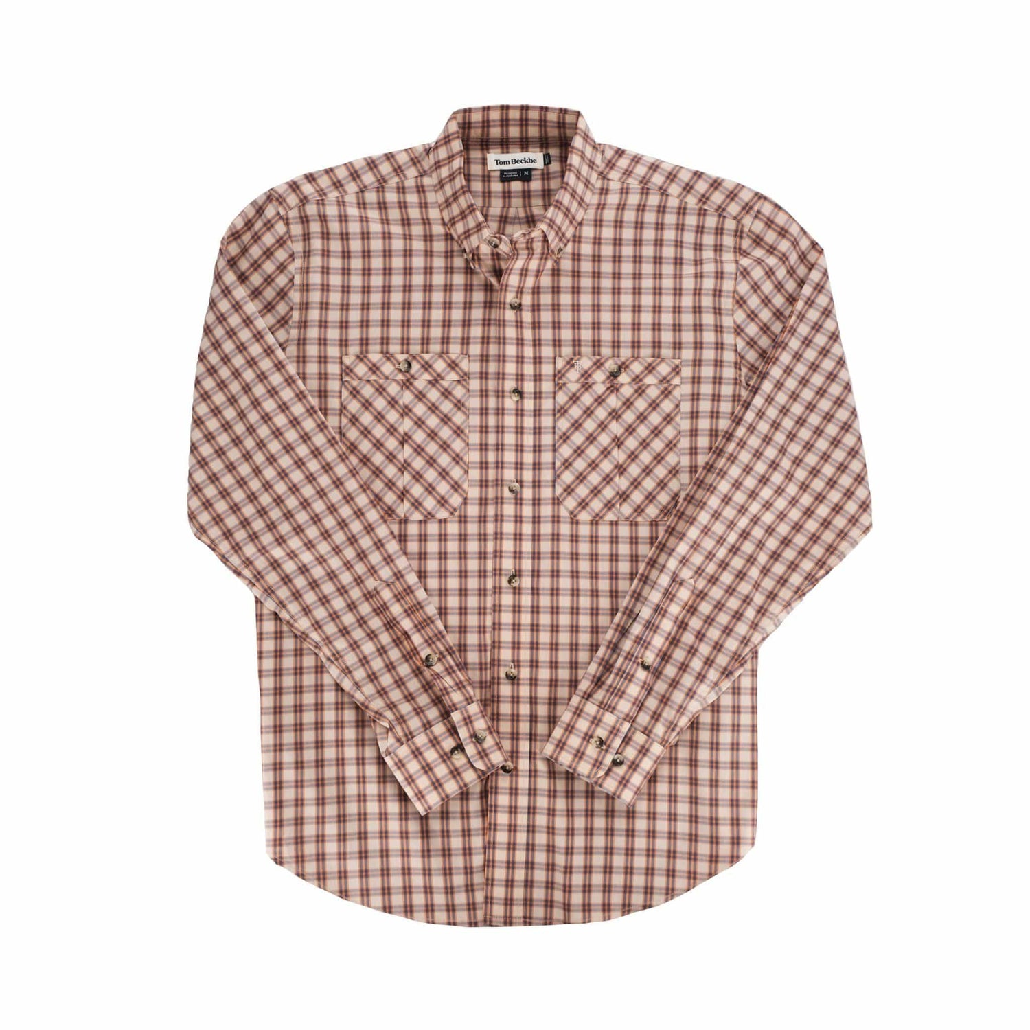 The Tom Beckbe Tidewater Shirt is a lightweight plaid with UPF 30+, featuring dual chest pockets and a red, white & blue check.