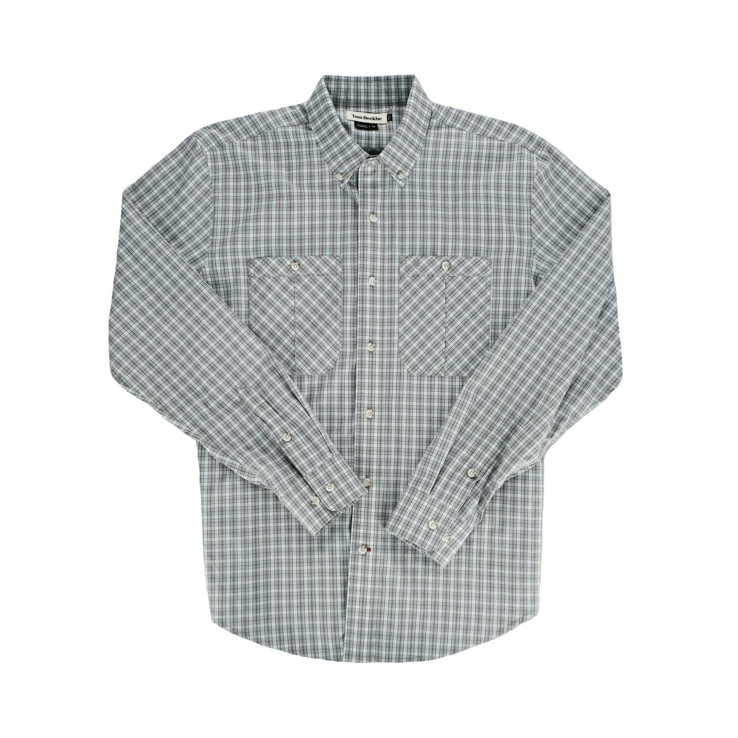 Tom Beckbes Tidewater Shirt: Gray plaid, lightweight, UPF 30+, long sleeves, two chest pockets on a white backdrop.