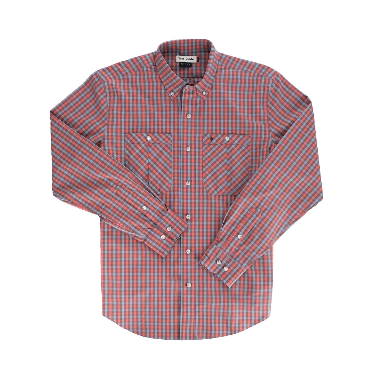 Tom Beckbes Tidewater Shirt in red and blue plaid, features UPF 30+, two chest pockets, and a collar, laid flat.