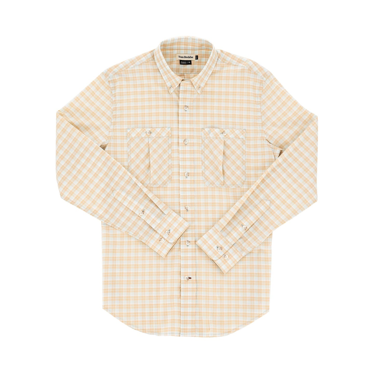 Tom Beckbes Tidewater Shirt is a long sleeve fishing shirt in yellow and white plaid, UPF 30+, with two chest pockets.