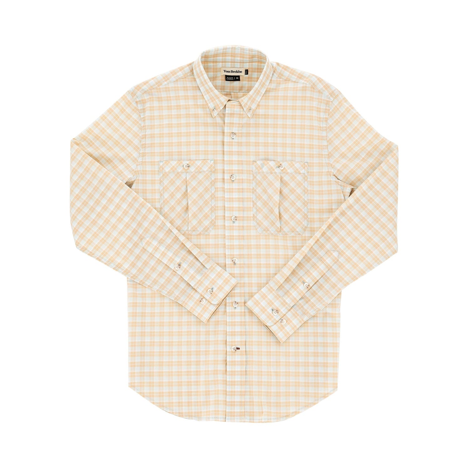 Tom Beckbes Tidewater Shirt is a long sleeve fishing shirt in yellow and white plaid, UPF 30+, with two chest pockets.