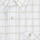 Close-up of the Tom Beckbe Tidewater Shirt: lightweight beige plaid, white buttons, and monogrammed pocket.