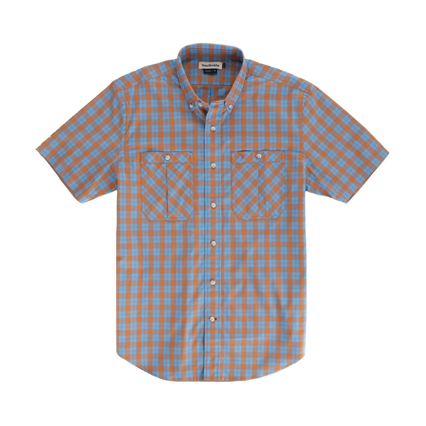Tom Beckbes Tidewater Shirt features blue & orange plaid, short sleeves, buttons, 2 chest pockets, and UPF 30+ protection.