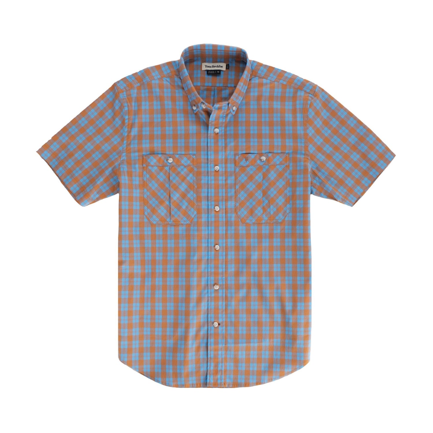 Tom Beckbes Tidewater Shirt features blue & orange plaid, short sleeves, buttons, 2 chest pockets, and UPF 30+ protection.