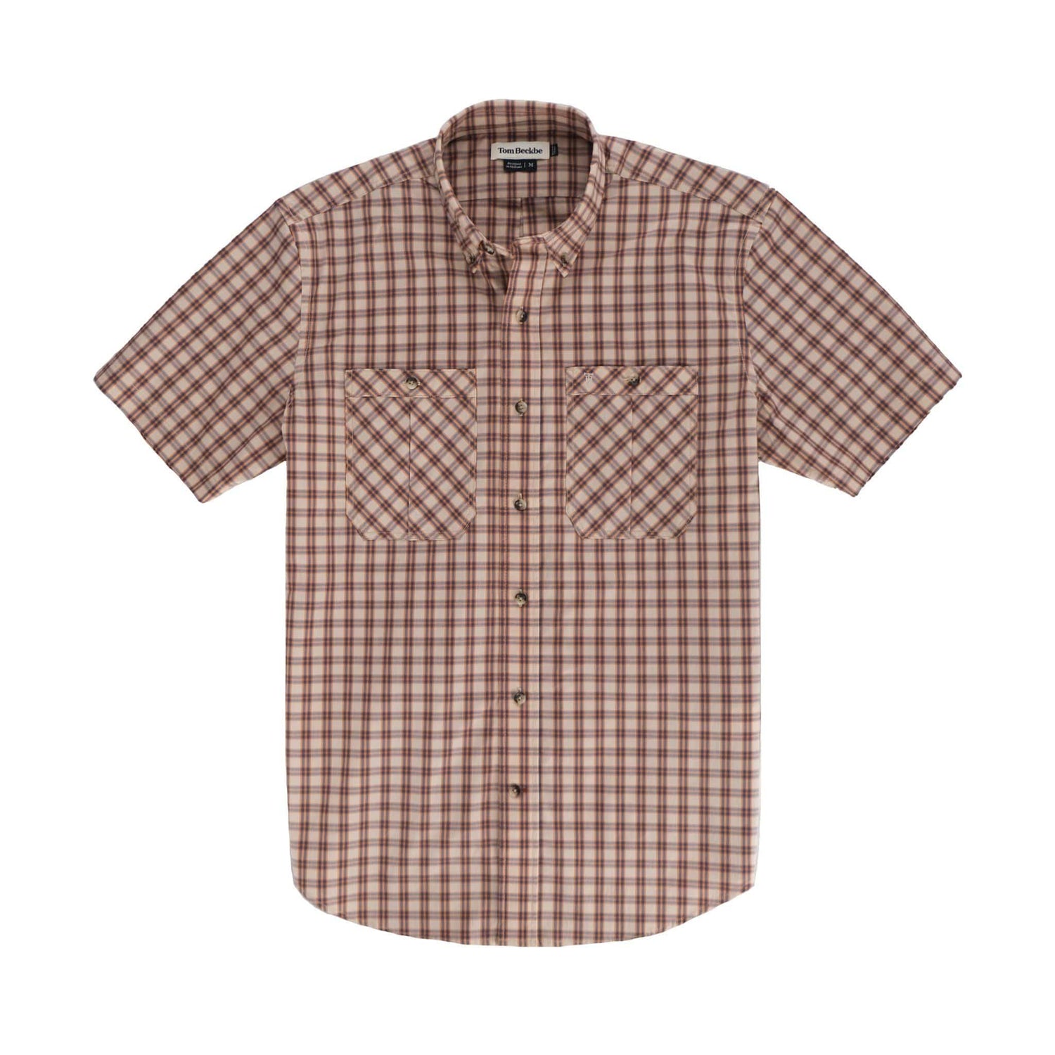Tom Beckbes Tidewater short-sleeve shirt features UPF 30+, button closure, two pockets, in brown plaid, on a white backdrop.